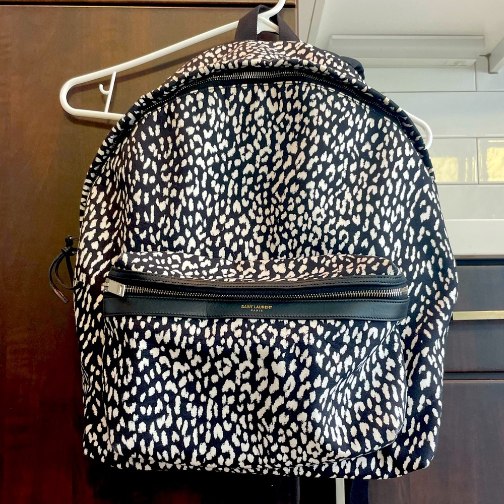 Yves Saint Laurent Paris Classic Hunter Cat Backpack 326865 Black White Canvas